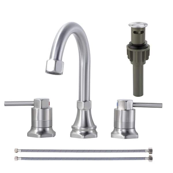 8 in. Widespread 3 Hole Double Handle Bathroom Faucet with Pop Up Drain and Supply Hose in Brushed Nickel