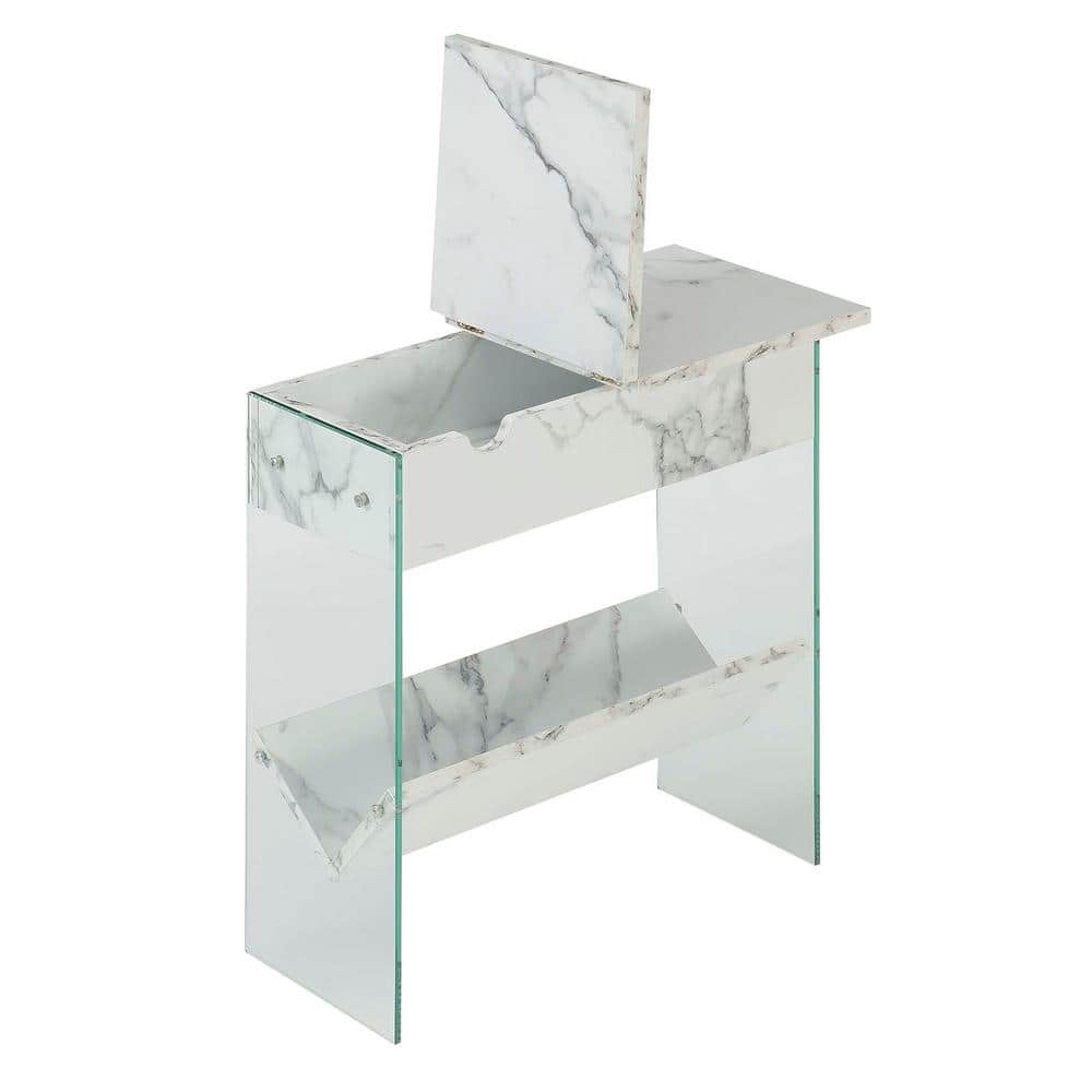 SoHo Modern White Faux Marble Flip Top End Table with Charging Station