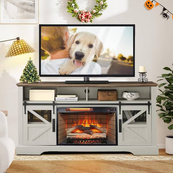 59 in. Freestanding Electric Fireplace TV Stand with 27 in. Fireplace Insert in White, Tempered Glass Front, Remote