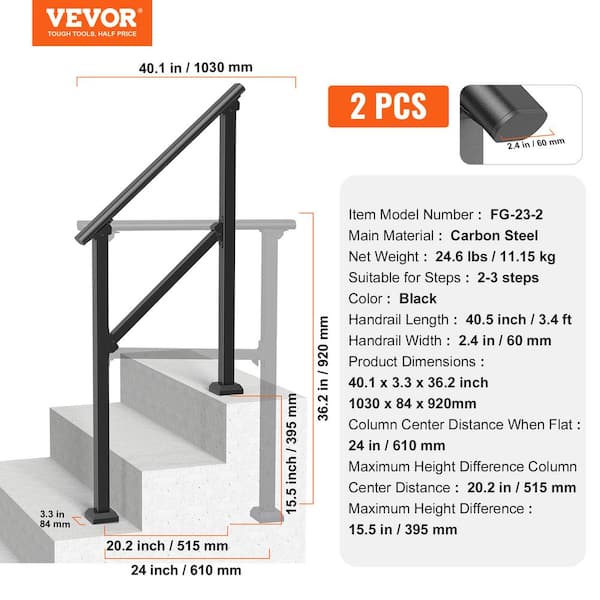 VEVOR Handrails for Outdoor Steps 2-Piece 2-3 Step Stair Handrail Kit Transitional Carbon Steel Railings Black Square Tube