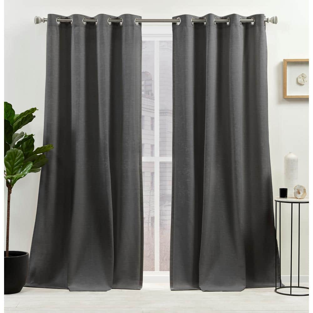 NICOLE MILLER NEW YORK Sawyer Gunmetal Solid Light Filtering Grommet Top Curtain, 52 in. W x 96 in. L (Set of 2)