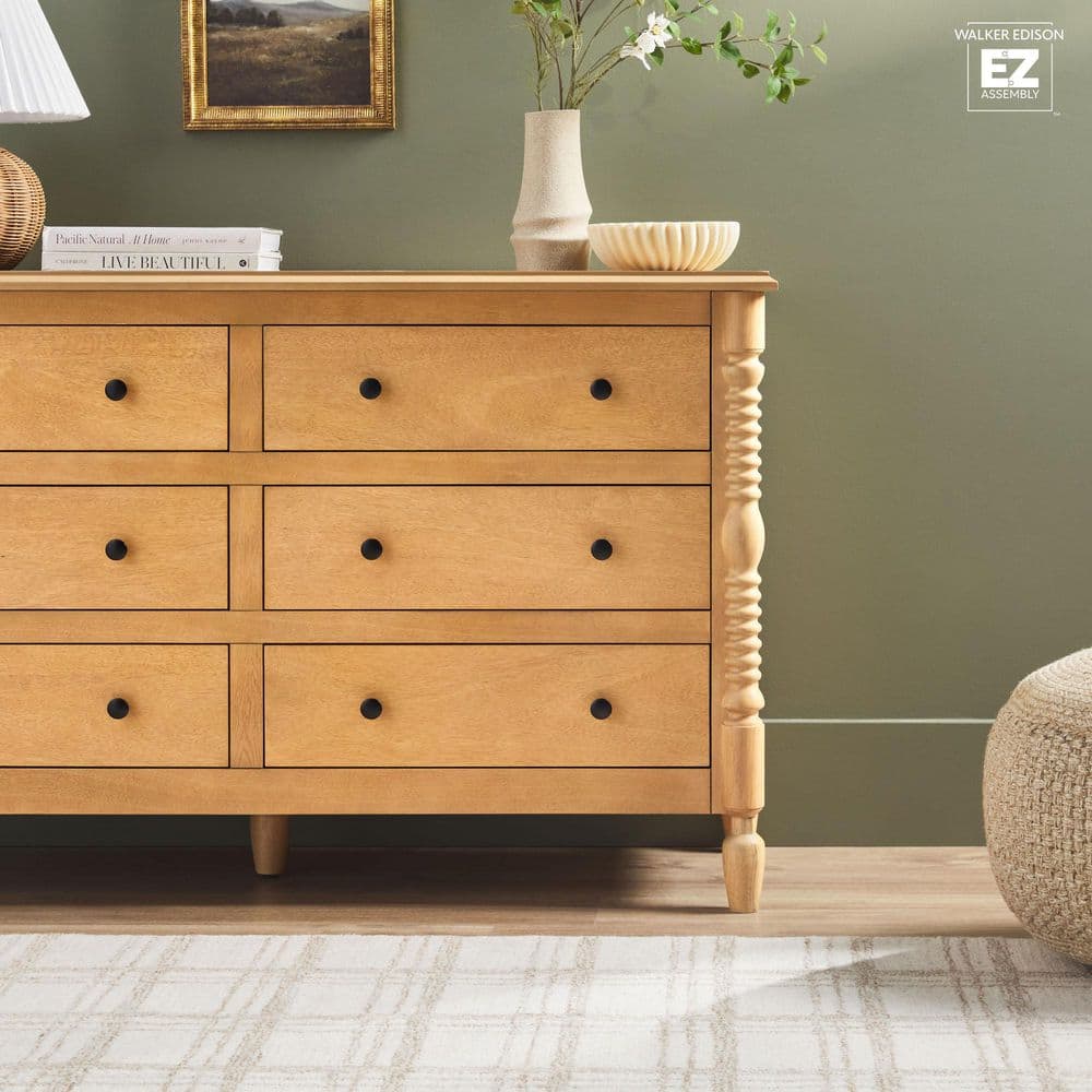 Modern Farmhouse Easy Assembly Natural 6-Drawer 54 in. Solid Wood Spindle-Detailing Dresser - thumbnail 8