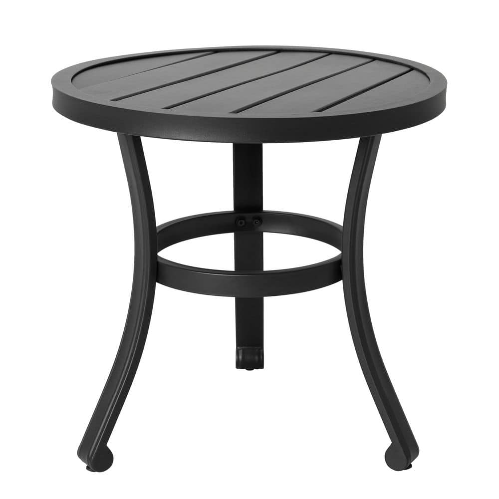 Black metal round outdoor coffee table with slatted top.