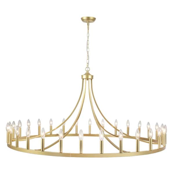 52 in. 30-Light Spray Gold Modern Farmhouse Candle Style Wagon Wheel Chandelier Large Round Adjustable Hanging Light