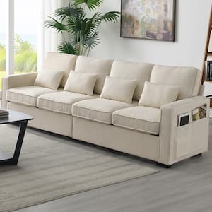 104 in. W Square Arm Linen Upholstered Rectangle Sofa in. Beige with Armrest Storage Pockets and 4-Pillows