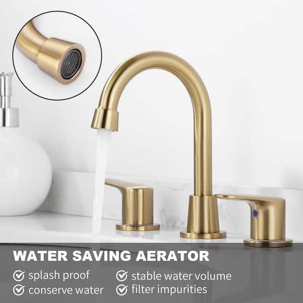 8 in. Widespread Double Handle Bathroom Faucet with 2-Aerators, Swilve Spout, Pop Up Drain and Supply Lines in Gold