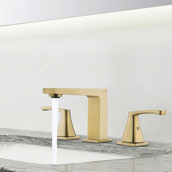 8 in. Widespread Double Level Handle Mid Arc Bathroom Faucet with Drain Kit Included in Brushed Gold