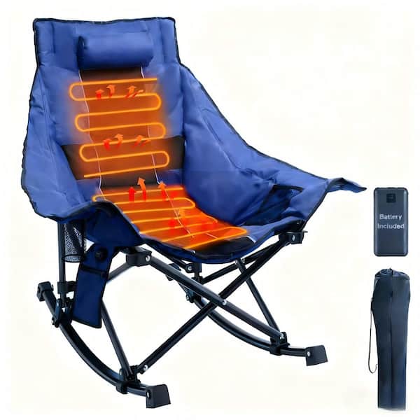 Blue and Black Oversized Heated Rocking Camping Chair, Portable Folding Heated Chairs Outdoor Sports with Power Bank