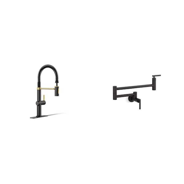 Clarus Matte Black Pull Down Sprayer Kitchen Faucet with Moderne Brass and Matte Black Wall Mount Pot Filler
