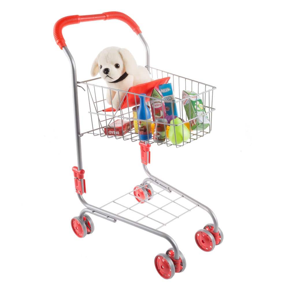 Red and Silver Metal Pretend Play Grocery Cart for Kids