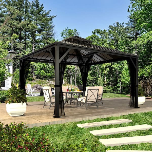 10 ft. W x 10 ft. D Metal Double Hardtop Gazebo with Pre-Painted Galvanized Steel Roof and Textilene Netting