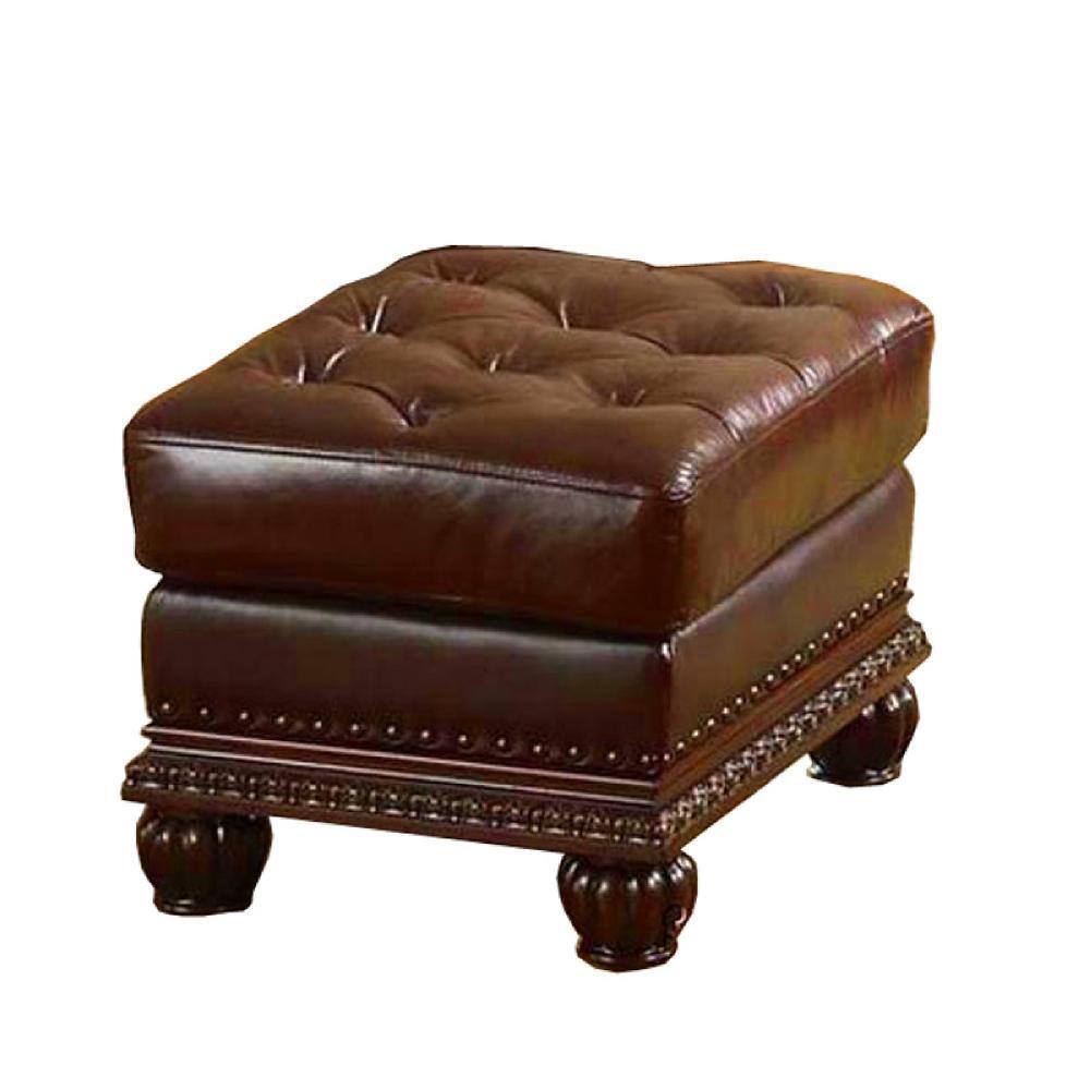 Espresso Brown Faux Leather Tufted Ottoman with Nail Head Trim