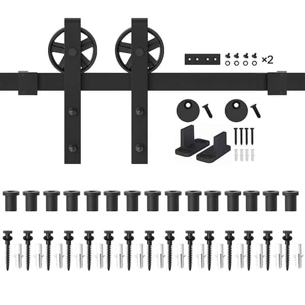 WINSOON 18 ft. /216 in. Frosted Black Sliding Barn Door Track and Hardware Kit for Single with Non-Routed Floor Guide