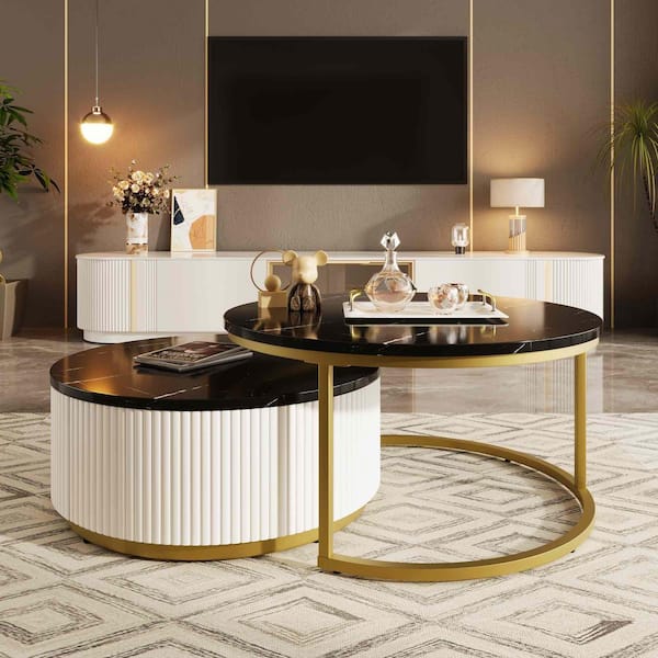 Polibi 27.6 in. Black Round MDF Coffee Table with Storage