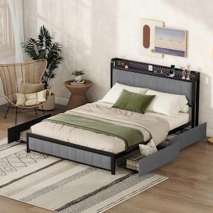 Light Gray Metal Frame Queen Size Linen Upholstered Platform Bed with LED Headboard, 4-Drawer, USB Ports, Pegboard