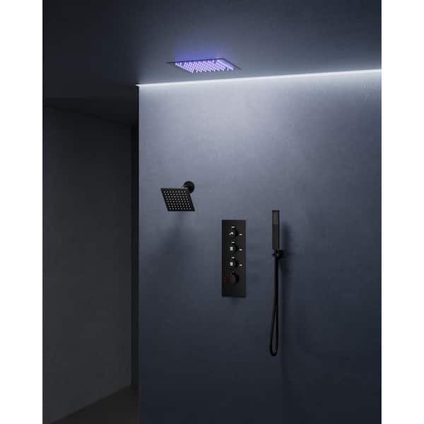 EVERSTEIN Chromotherapy 7-Spray Square 12in. Rain LED Shower System with 6in. Shower Head Handheld shower in Matte Black 2.5 GPM