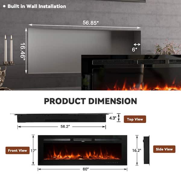 60 in. 400 sq. ft. Wall-Mount/Recessed LED Electric Fireplace Insert with Remote Control, Adjustable Heating