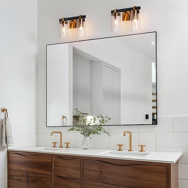 Vintage 12 in. 2-Light Black Vanity Light, Plating Brass Wall Sconce with Seeded Glass for Vanity Mirrors, Bath Light