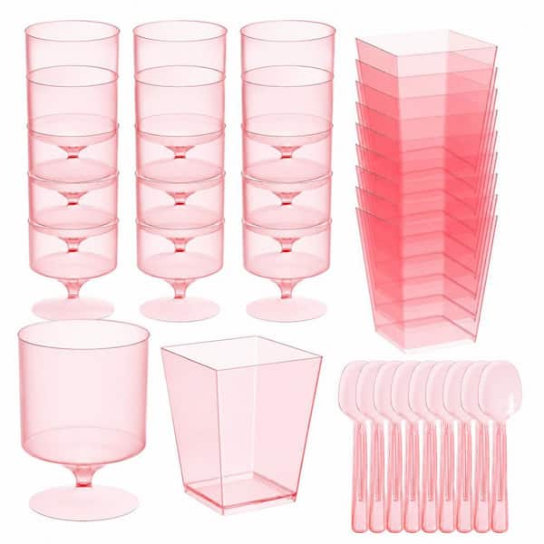 120-Pack Pink 5 Oz Dessert Cups with Clear Square and Round Parfait Glasses and Matching Spoons Party Set