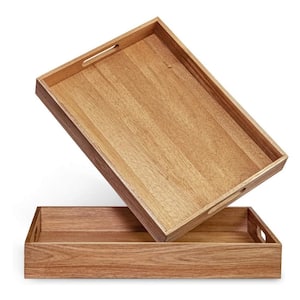 Acacia Wood Serving Tray with Handles Set of 2 - Decorative Serving Trays Platter for Breakfast in Bed, Coffee Table