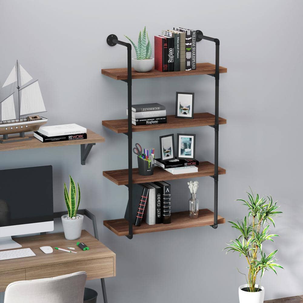 Industrial Brown Steel and Wood 4-Tier Wall Shelf