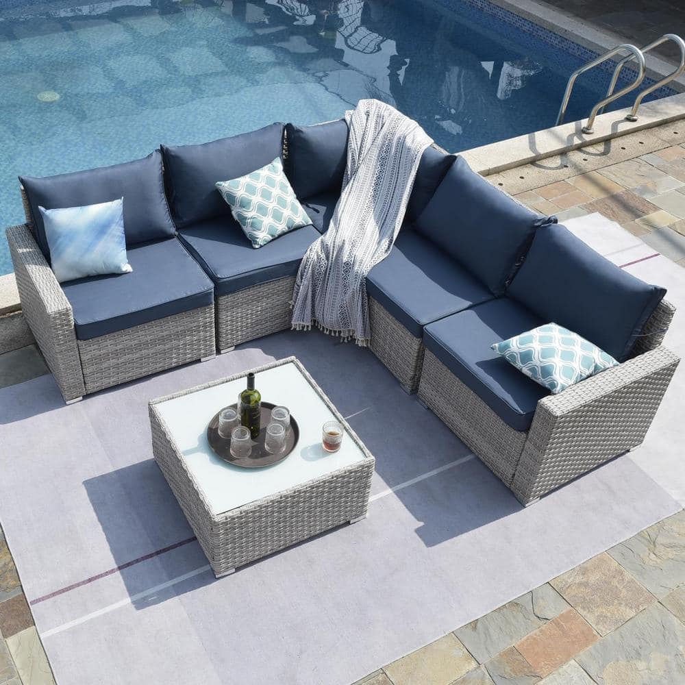 6-Piece Grey Wicker Outdoor Sectional Sofas Set with Blue Cushions and Coff