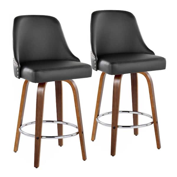 Lumisource Studded Marcel 27 in. Black Faux Leather, Walnut Wood, and Chrome Metal Fixed-Height Counter Stool (Set of 2)