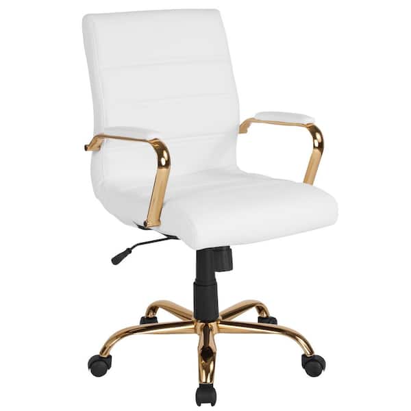 Whitney Faux Leather Mid-Back Gold Frame Ergonomic Executive Swivel Office Chair in White with Arms
