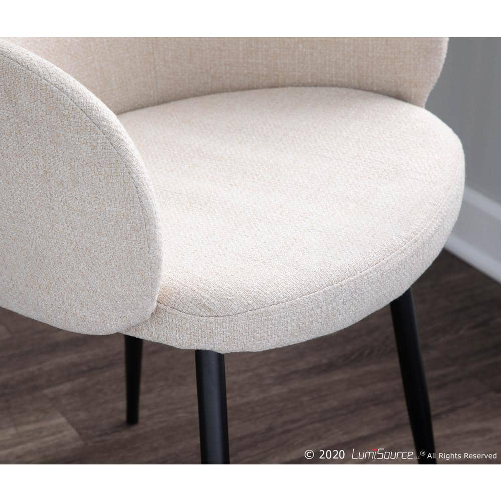 High-Back Cream Upholstered Arm Chair with Black Metal and Cane Accents
