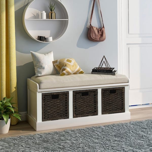 Harper & Bright Designs White Entryway Storage Bench with Removable Cushion and 3Removable