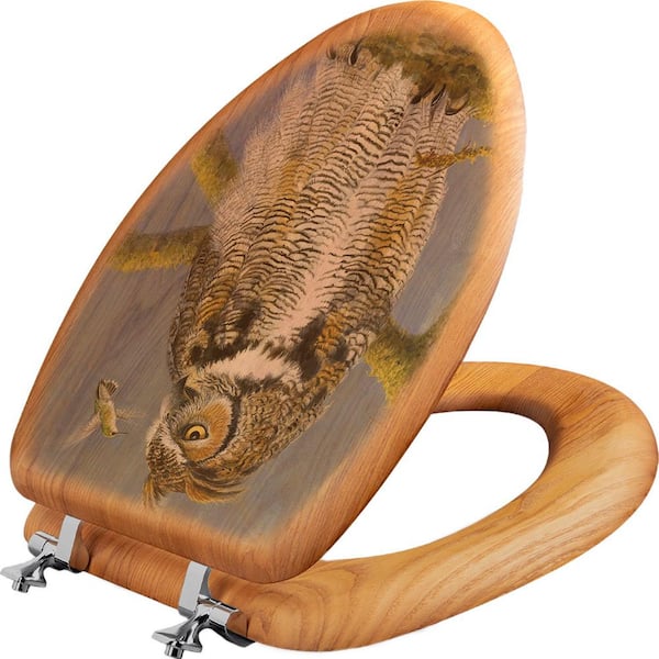 Fearless Owl and Hummingbird Elongated Closed Front Wood Toilet Seat in Oak  Brown