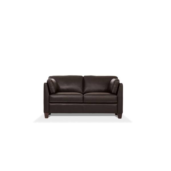 Benjara 59 in. Brown Solid Faux Leather 2-Seater Loveseat with Sloped Armrests and Tapered Legs