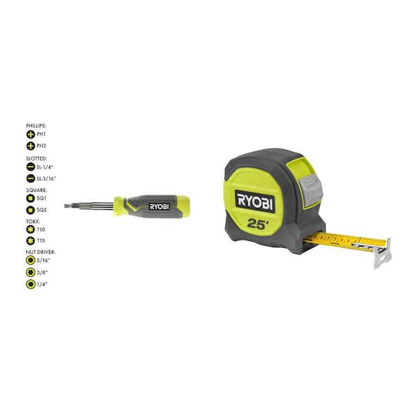 11-in-1 Multi-bit Screwdriver with Cushion Grip Handle and 25 Ft. Compact Tape Measure Combo