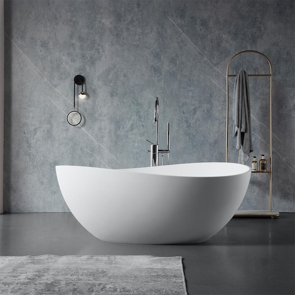 WAVE 63 in. Composite Resin Irregular Curved Design Solid Flatbottom Freestanding Soaking Bathtub in White