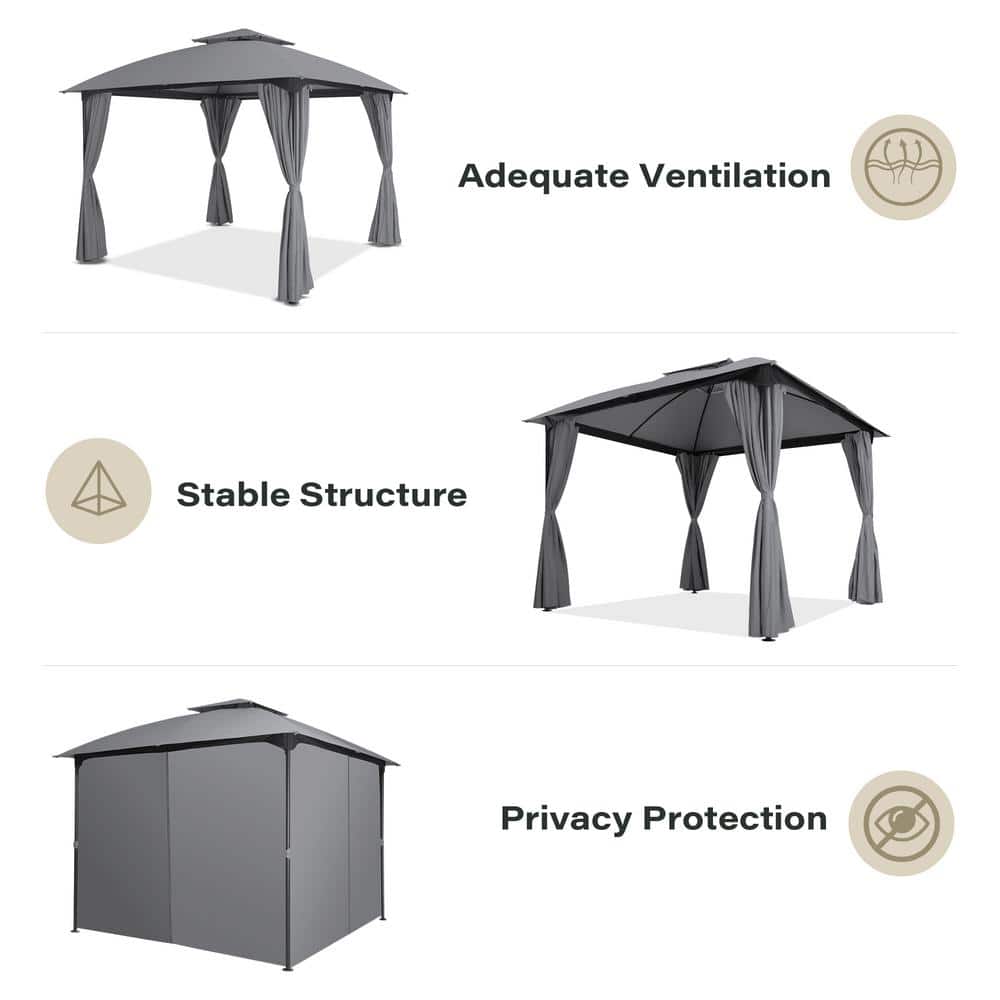10x10 Gray Steel Patio Gazebo with Privacy Curtains
