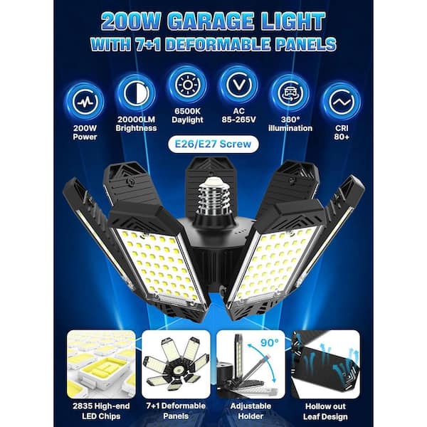 Lukyamzn 200W LED Garage Light 20000-Lumens 7 Adjustable Panels
