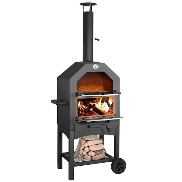 Sungrd Stainless Steel Wood Burning Outdoor Pizza Oven in Black with Wheel