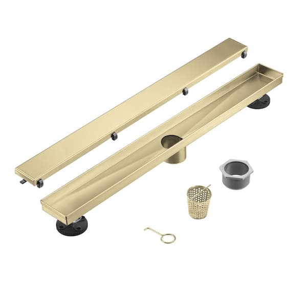 28 in. Shower Drain with 2-in-1 Tile Insert Panel Stainless Steel Linear Drain for Fast Drainage in Brushed Gold