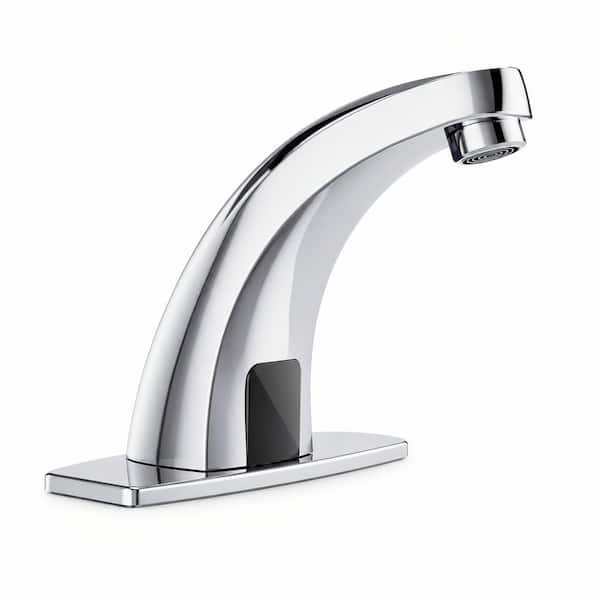 Automatic Sensor Touchless Single Hole Bathroom Sink Faucet with Deck Plate in Polished Chrome