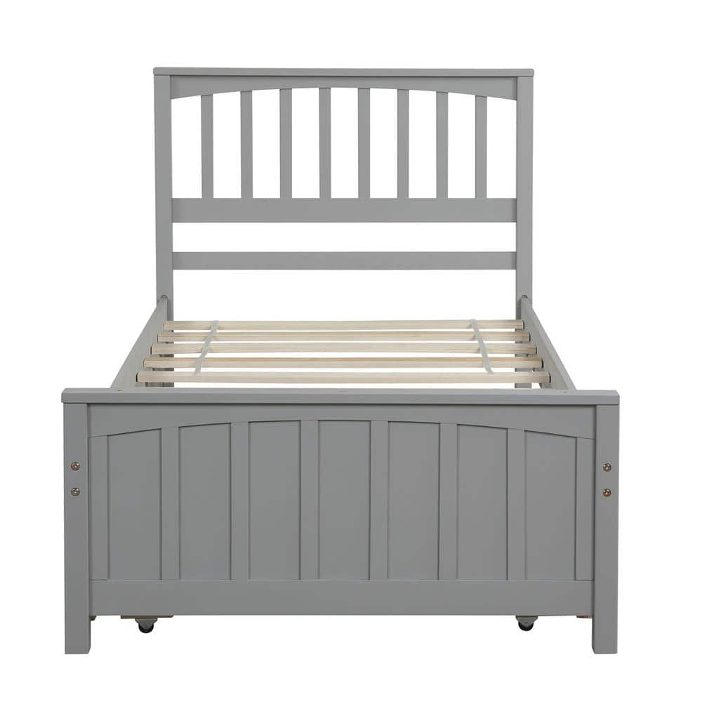 ANBAZAR Gray Twin Size Wood Platform Bed with Trundle, Solid Wood Kid ...