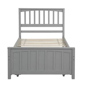 Gray Twin Size Wood Platform Bed with Trundle, Solid Wood Kid Bed with Headboard & Footboard, No Box Spring Needed
