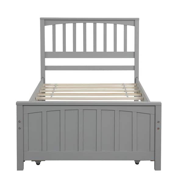 ANBAZAR Gray Twin Size Wood Platform Bed with Trundle, Solid Wood Kid Bed with Headboard & Footboard, No Box Spring Needed