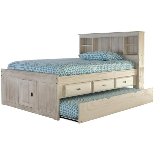 OS Home and Office Furniture Light Ash Series Gray Full Size Captain's Bed with Three Drawers, Twin Trundle, and Bookcase Headboard