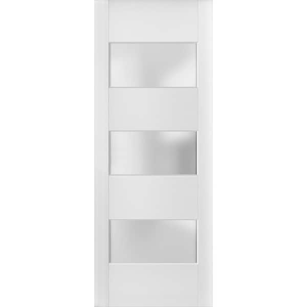 4070 42 in. x 96 in. 3-Panel No Bore Solid Core Tempered Frosted Glass White Finished Pine Wood Interior Door Slab