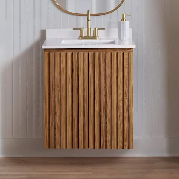 Precine 25 in. Single Sink Natural Teak Bath Vanity with White Cultured Marble Top (Assembled)