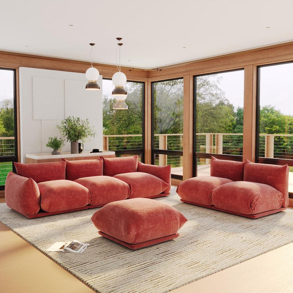 103.93 in. Flared Arm Chenille 6-Piece Overstuffed Modular Free Combination Sectional Sofa w/ Extra Deep Seat in Orange