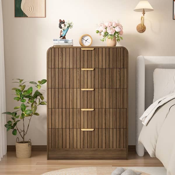 VEIKOUS Brown 5-Drawer 31.5 in. W MDF Chest of Drawers, Waveform Fluted Design Bedroom Dresser, Round Corner
