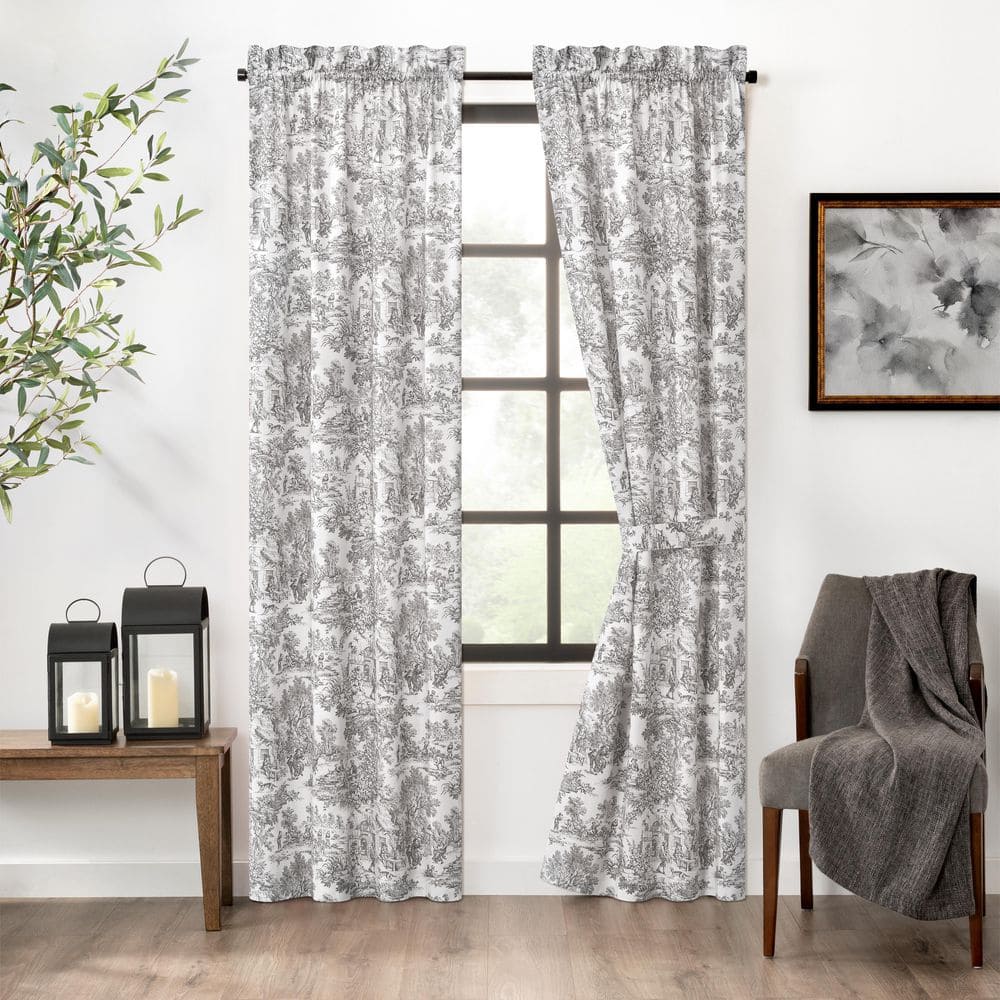 Victoria Park Grey Cotton Toile Rod Pocket Room Darkening Curtain - 34 in. 