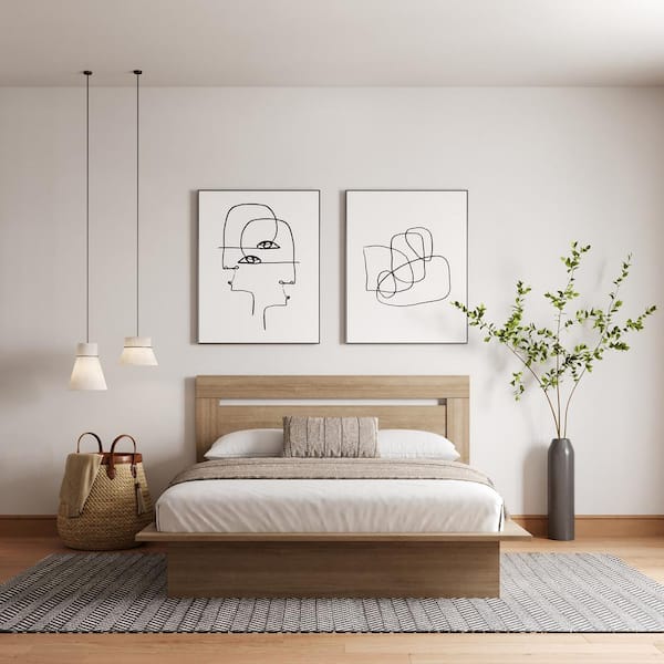 Nexera Malibu Brown Oak Wood Frame Queen Size Platform Bed with Headboard 403074