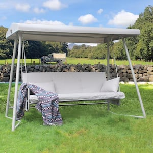 3-Person Metel Patio Swing Chair Gazebo Daybed with Cushions, 2 Pillows and Adjustable Canopy
